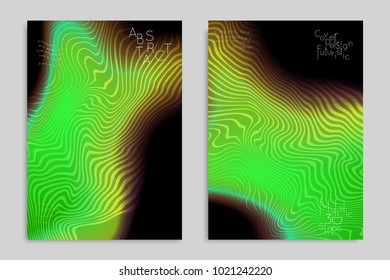 Abstract cover template with stripes on colorful blurred background. Poster with gradient colored  fluid shapes. Bright liquid striped futuristic banner with marble texture over glow color.