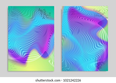 Abstract cover template with stripes on colorful blurred background. Poster with gradient colored  fluid shapes. Bright liquid striped futuristic banner with marble texture over glow color.
