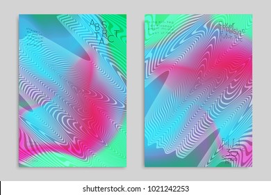 Abstract cover template with stripes on colorful blurred background. Poster with gradient colored  fluid shapes. Bright liquid striped futuristic banner with marble texture over glow color.