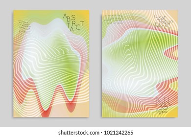 Abstract cover template with stripes on colorful blurred background. Poster with gradient colored  fluid shapes. Bright liquid striped futuristic banner with marble texture over glow color.