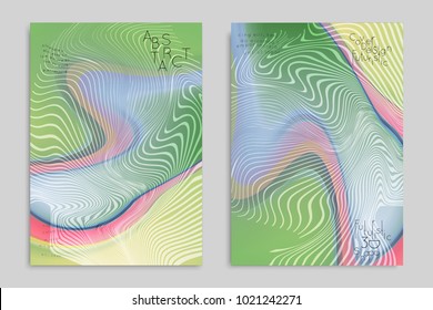 Abstract cover template with stripes on colorful blurred background. Poster with gradient colored  fluid shapes. Bright liquid striped futuristic banner with marble texture over glow color.