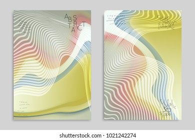 Abstract cover template with stripes on colorful blurred background. Poster with gradient colored  fluid shapes. Bright liquid striped futuristic banner with marble texture over glow color.