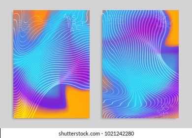 Abstract cover template with stripes on colorful blurred background. Poster with gradient colored  fluid shapes. Bright liquid striped futuristic banner with marble texture over glow color.