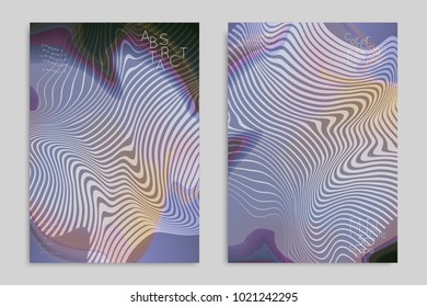 Abstract cover template with stripes on colorful blurred background. Poster with gradient colored  fluid shapes. Bright liquid striped futuristic banner with marble texture over glow color.