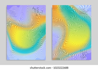 Abstract cover template with stripes on colorful blurred background. Poster with gradient colored  fluid shapes. Bright liquid striped futuristic banner with marble texture over glow color.