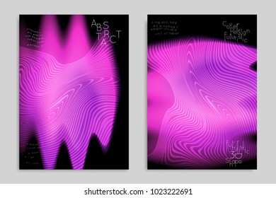 Abstract cover template with stripes on colorful blurred background. Poster with gradient colored  fluid shapes. Bright liquid striped futuristic banner with marble texture over glow color.