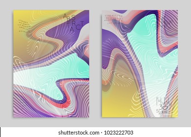 Abstract cover template with stripes on colorful blurred background. Poster with gradient colored  fluid shapes. Bright liquid striped futuristic banner with marble texture over glow color.