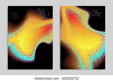 Abstract cover template with stripes on colorful blurred background. Poster with gradient colored  fluid shapes. Bright liquid striped futuristic banner with marble texture over glow color.
