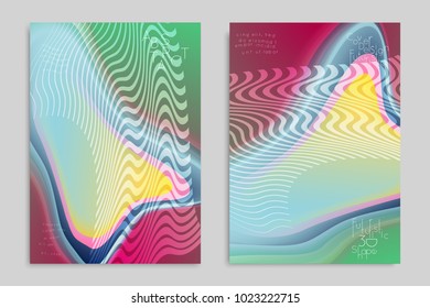 Abstract cover template with stripes on colorful blurred background. Poster with gradient colored  fluid shapes. Bright liquid striped futuristic banner with marble texture over glow color.