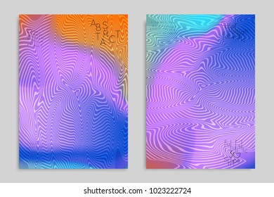 Abstract cover template with stripes on colorful blurred background. Poster with gradient colored  fluid shapes. Bright liquid striped futuristic banner with marble texture over glow color.