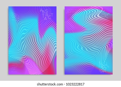 Abstract cover template with stripes on colorful blurred background. Poster with gradient colored  fluid shapes. Bright liquid striped futuristic banner with marble texture over glow color.
