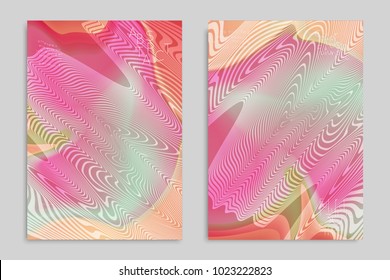 Abstract cover template with stripes on colorful blurred background. Poster with gradient colored  fluid shapes. Bright liquid striped futuristic banner with marble texture over glow color.