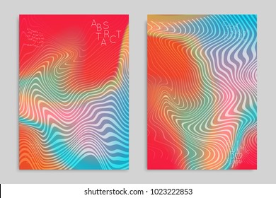 Abstract cover template with stripes on colorful blurred background. Poster with gradient colored  fluid shapes. Bright liquid striped futuristic banner with marble texture over glow color.