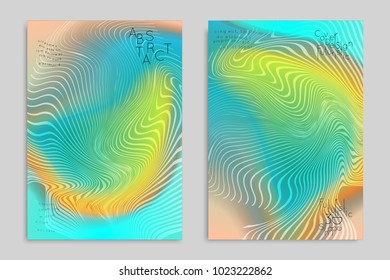 Abstract cover template with stripes on colorful blurred background. Poster with gradient colored  fluid shapes. Bright liquid striped futuristic banner with marble texture over glow color.