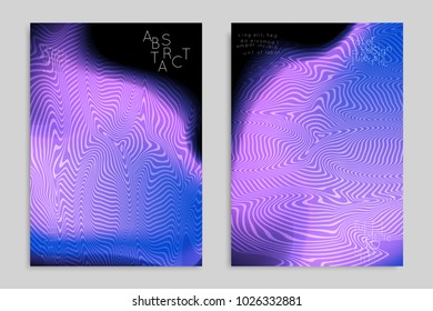 Abstract cover template with stripes on colorful blurred background. Poster with gradient colored  fluid shapes. Bright liquid striped futuristic banner with marble texture over glow color.