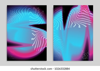 Abstract cover template with stripes on colorful blurred background. Poster with gradient colored  fluid shapes. Bright liquid striped futuristic banner with marble texture over glow color.