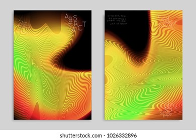 Abstract cover template with stripes on colorful blurred background. Poster with gradient colored  fluid shapes. Bright liquid striped futuristic banner with marble texture over glow color.