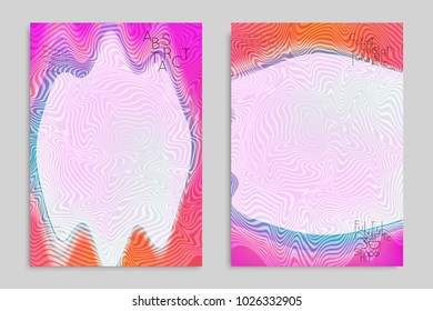 Abstract cover template with stripes on colorful blurred background. Poster with gradient colored  fluid shapes. Bright liquid striped futuristic banner with marble texture over glow color.