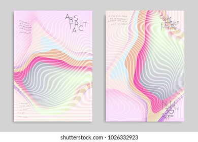 Abstract cover template with stripes on colorful blurred background. Poster with gradient colored  fluid shapes. Bright liquid striped futuristic banner with marble texture over glow color.