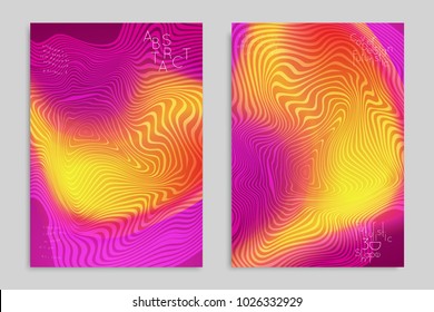 Abstract cover template with stripes on colorful blurred background. Poster with gradient colored  fluid shapes. Bright liquid striped futuristic banner with marble texture over glow color.