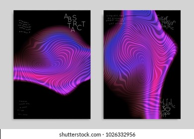Abstract cover template with stripes on colorful blurred background. Poster with gradient colored  fluid shapes. Bright liquid striped futuristic banner with marble texture over glow color.