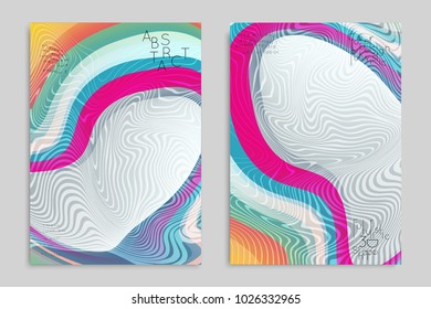 Abstract cover template with stripes on colorful blurred background. Poster with gradient colored  fluid shapes. Bright liquid striped futuristic banner with marble texture over glow color.