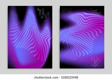 Abstract cover template with stripes on colorful blurred background. Poster with gradient colored  fluid shapes. Bright liquid striped futuristic banner with marble texture over glow color.