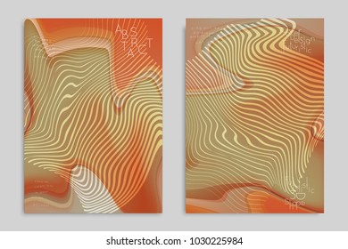 Abstract cover template with stripes on colorful blurred background. Poster with gradient colored  fluid shapes. Bright liquid striped futuristic banner with marble texture over glow color.