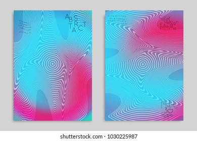 Abstract cover template with stripes on colorful blurred background. Poster with gradient colored  fluid shapes. Bright liquid striped futuristic banner with marble texture over glow color.