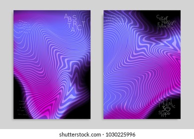 Abstract cover template with stripes on colorful blurred background. Poster with gradient colored  fluid shapes. Bright liquid striped futuristic banner with marble texture over glow color.
