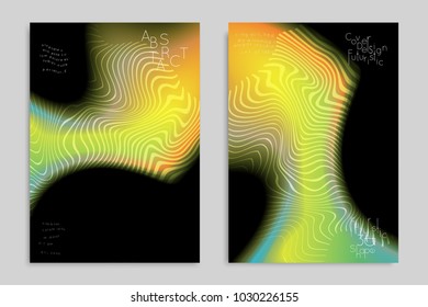 Abstract cover template with stripes on colorful blurred background. Poster with gradient colored  fluid shapes. Bright liquid striped futuristic banner with marble texture over glow color.