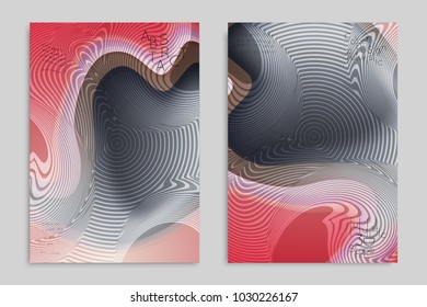 Abstract cover template with stripes on colorful blurred background. Poster with gradient colored  fluid shapes. Bright liquid striped futuristic banner with marble texture over glow color.