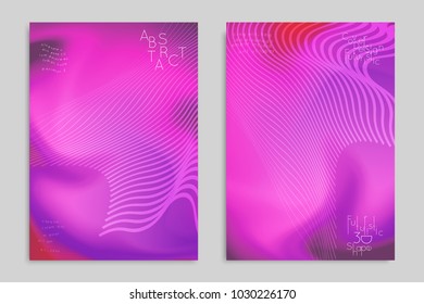Abstract cover template with stripes on colorful blurred background. Poster with gradient colored  fluid shapes. Bright liquid striped futuristic banner with marble texture over glow color.