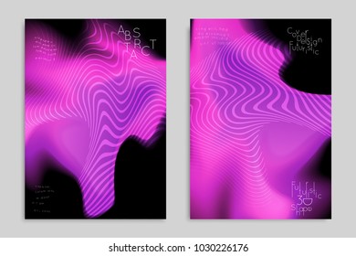 Abstract cover template with stripes on colorful blurred background. Poster with gradient colored  fluid shapes. Bright liquid striped futuristic banner with marble texture over glow color.