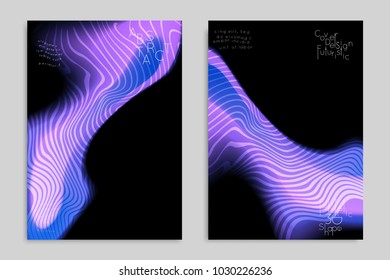 Abstract cover template with stripes on colorful blurred background. Poster with gradient colored  fluid shapes. Bright liquid striped futuristic banner with marble texture over glow color.