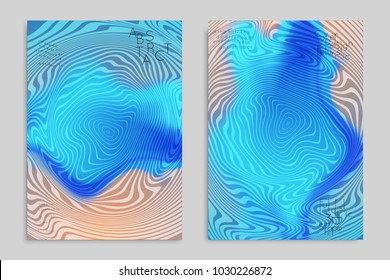 Abstract cover template with stripes on colorful blurred background. Poster with gradient colored  fluid shapes. Bright liquid striped futuristic banner with marble texture over glow color.