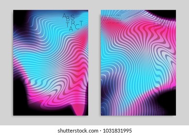 Abstract cover template with stripes on colorful blurred background. Poster with gradient colored  fluid shapes. Bright liquid striped futuristic banner with marble texture over glow color.