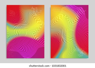 Abstract cover template with stripes on colorful blurred background. Poster with gradient colored  fluid shapes. Bright liquid striped futuristic banner with marble texture over glow color.