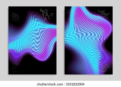 Abstract cover template with stripes on colorful blurred background. Poster with gradient colored  fluid shapes. Bright liquid striped futuristic banner with marble texture over glow color.