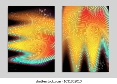 Abstract cover template with stripes on colorful blurred background. Poster with gradient colored  fluid shapes. Bright liquid striped futuristic banner with marble texture over glow color.