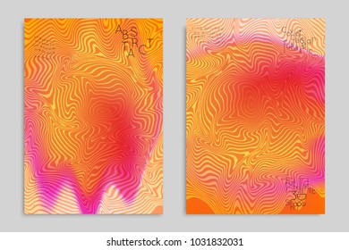 Abstract cover template with stripes on colorful blurred background. Poster with gradient colored  fluid shapes. Bright liquid striped futuristic banner with marble texture over glow color.