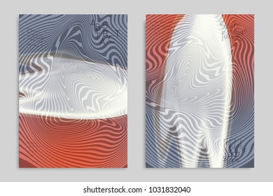 Abstract cover template with stripes on colorful blurred background. Poster with gradient colored  fluid shapes. Bright liquid striped futuristic banner with marble texture over glow color.