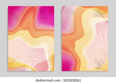 Abstract cover template with stripes on colorful blurred background. Poster with gradient colored  fluid shapes. Bright liquid striped futuristic banner with marble texture over glow color.