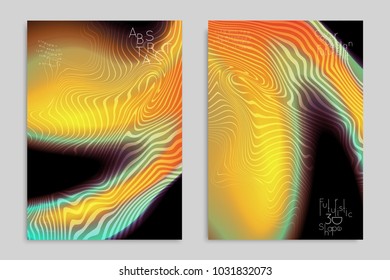 Abstract cover template with stripes on colorful blurred background. Poster with gradient colored  fluid shapes. Bright liquid striped futuristic banner with marble texture over glow color.