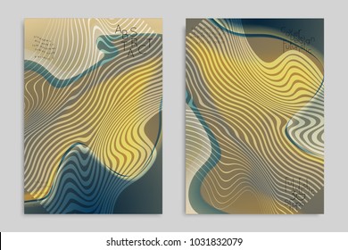 Abstract cover template with stripes on colorful blurred background. Poster with gradient colored  fluid shapes. Bright liquid striped futuristic banner with marble texture over glow color.