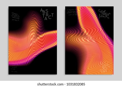 Abstract cover template with stripes on colorful blurred background. Poster with gradient colored  fluid shapes. Bright liquid striped futuristic banner with marble texture over glow color.
