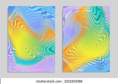 Abstract cover template with stripes on colorful blurred background. Poster with gradient colored  fluid shapes. Bright liquid striped futuristic banner with marble texture over glow color.