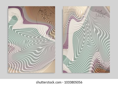 Abstract cover template with stripes on colorful blurred background. Poster with gradient colored  fluid shapes. Bright liquid striped futuristic banner with marble texture over glow color.