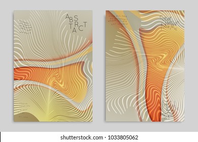 Abstract cover template with stripes on colorful blurred background. Poster with gradient colored  fluid shapes. Bright liquid striped futuristic banner with marble texture over glow color.