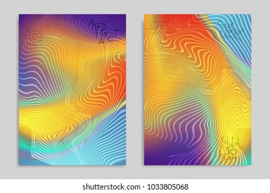 Abstract cover template with stripes on colorful blurred background. Poster with gradient colored  fluid shapes. Bright liquid striped futuristic banner with marble texture over glow color.
